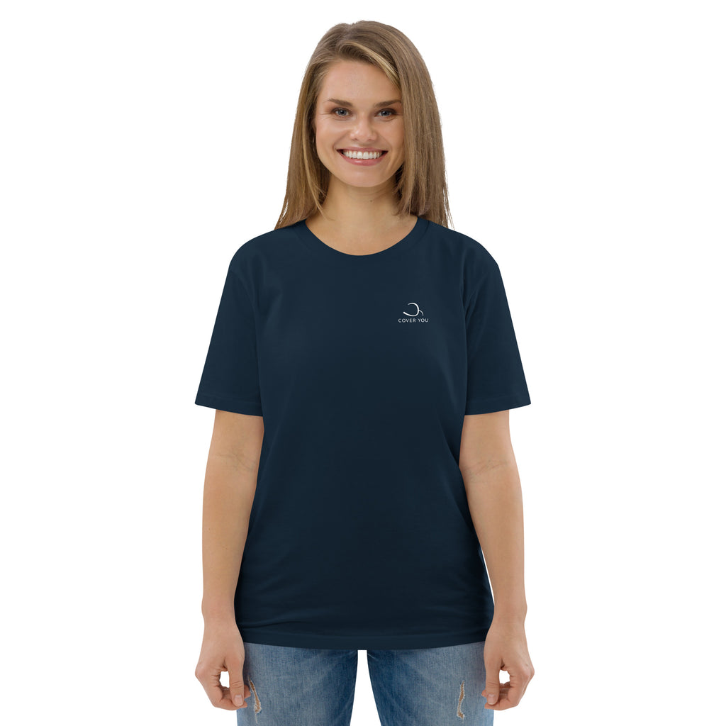 T-shirt unisexe Le Chapeau Panama orange en coton bio, coloris French Navy, vu de face
