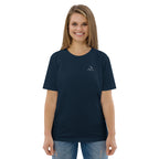 T-shirt unisexe Le Chapeau Panama orange en coton bio, coloris French Navy, vu de face