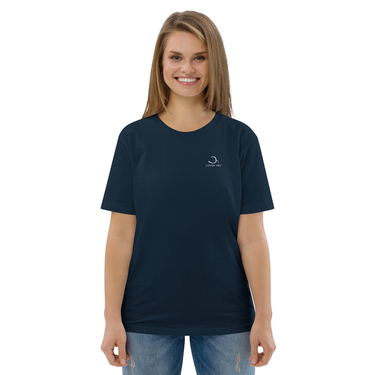 T-shirt unisexe Le Chapeau Panama orange en coton bio, coloris French Navy, vu de face