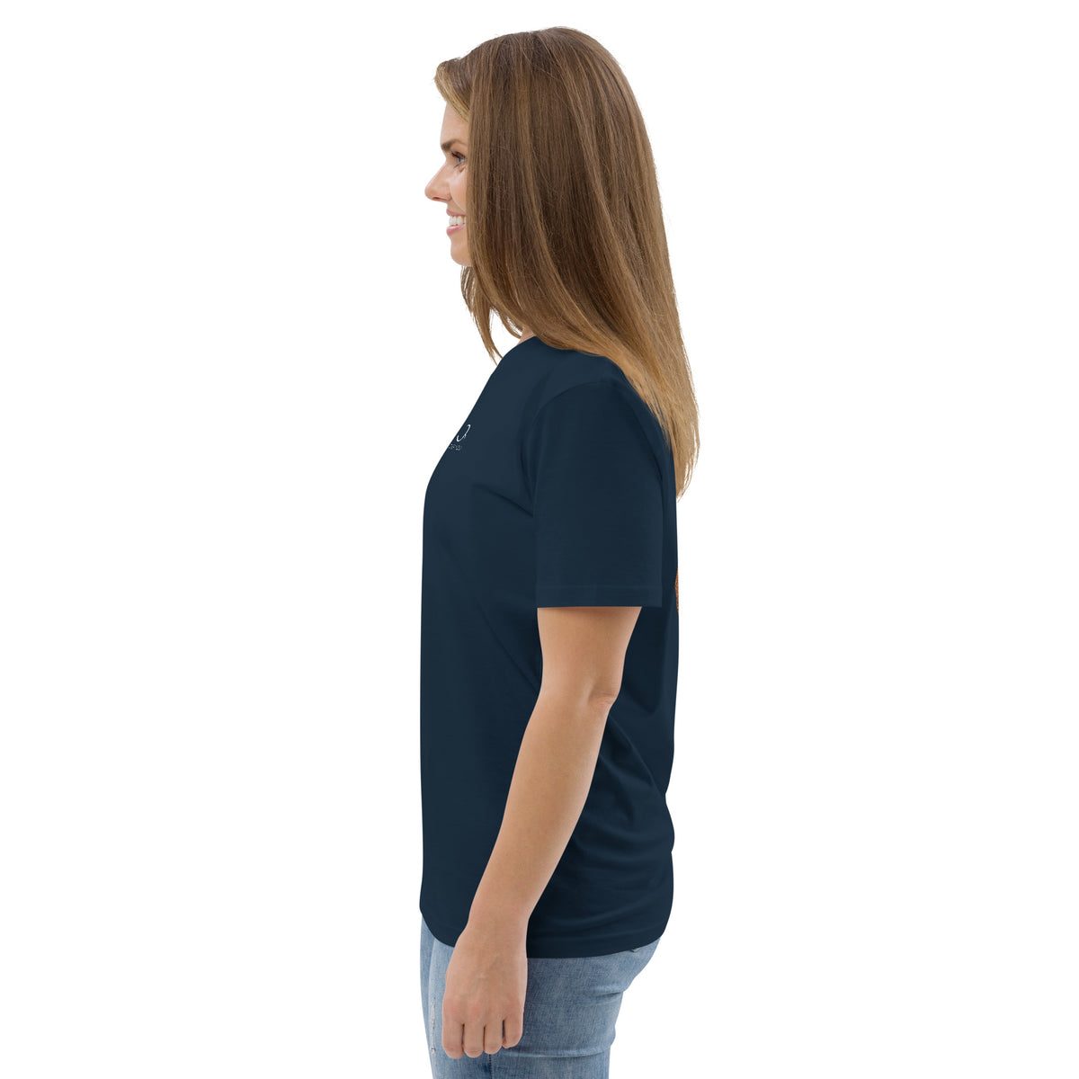 T-shirt unisexe Le Chapeau Panama orange en coton bio, coloris French Navy, vu de profil