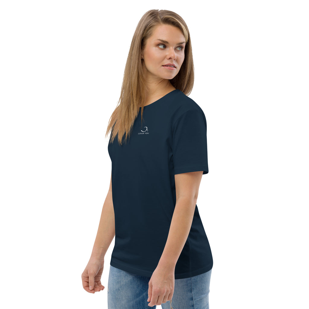 T-shirt unisexe Le Chapeau Panama orange en coton bio, coloris French Navy, vu de trois quarts face