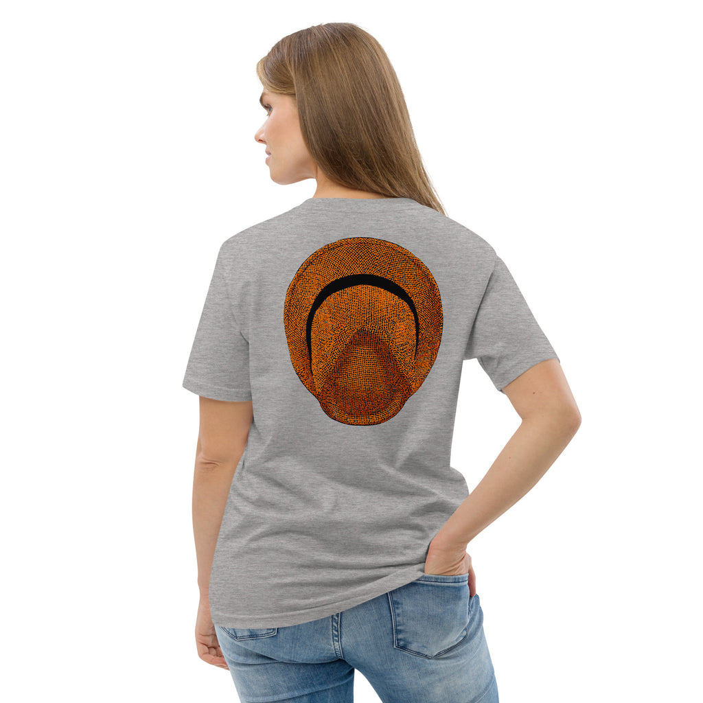 T-shirt unisexe Le Chapeau Panama orange en coton bio, coloris gris chiné, vu de dos