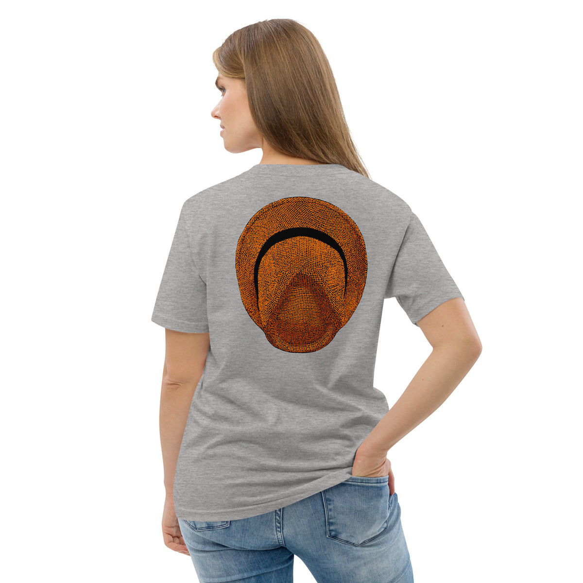 T-shirt unisexe Le Chapeau Panama orange en coton bio, coloris gris chiné, vu de dos