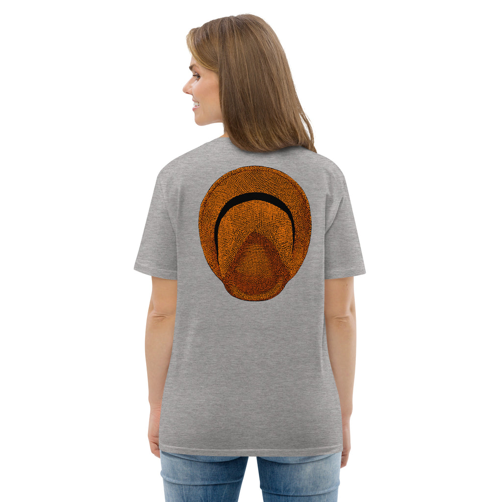 T-shirt unisexe Le Chapeau Panama orange en coton bio, coloris gris chiné, vu de dos