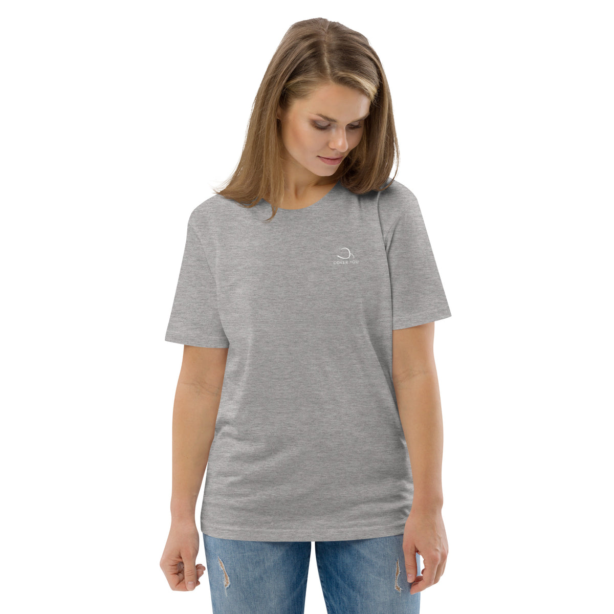 T-shirt unisexe Le Chapeau Panama orange en coton bio, coloris gris chiné, vu de face