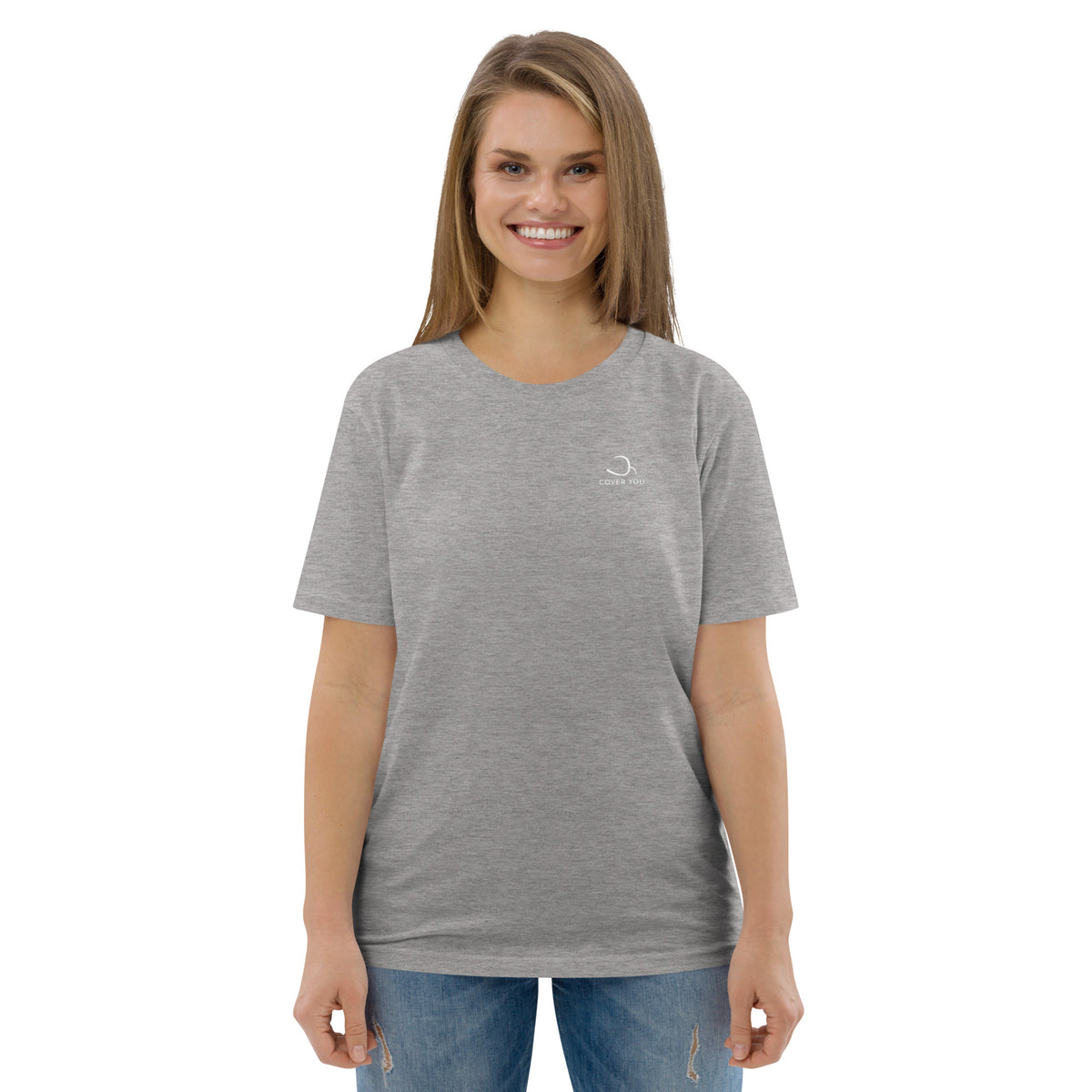 T-shirt unisexe Le Chapeau Panama orange en coton bio, coloris gris chiné, vu de face