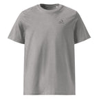 T-shirt unisexe Le Chapeau Panama orange en coton bio, coloris gris chiné, vu de face