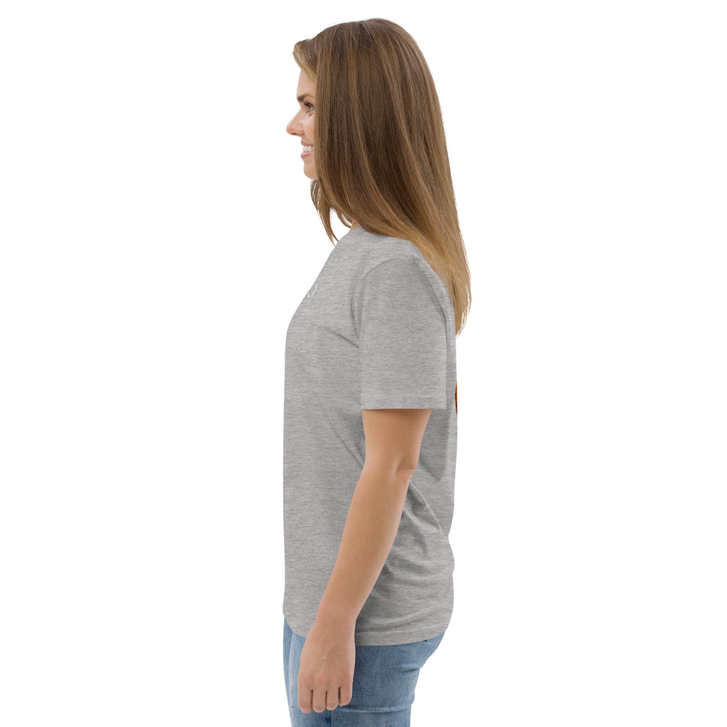 T-shirt unisexe Le Chapeau Panama orange en coton bio, coloris gris chiné, vu de profil