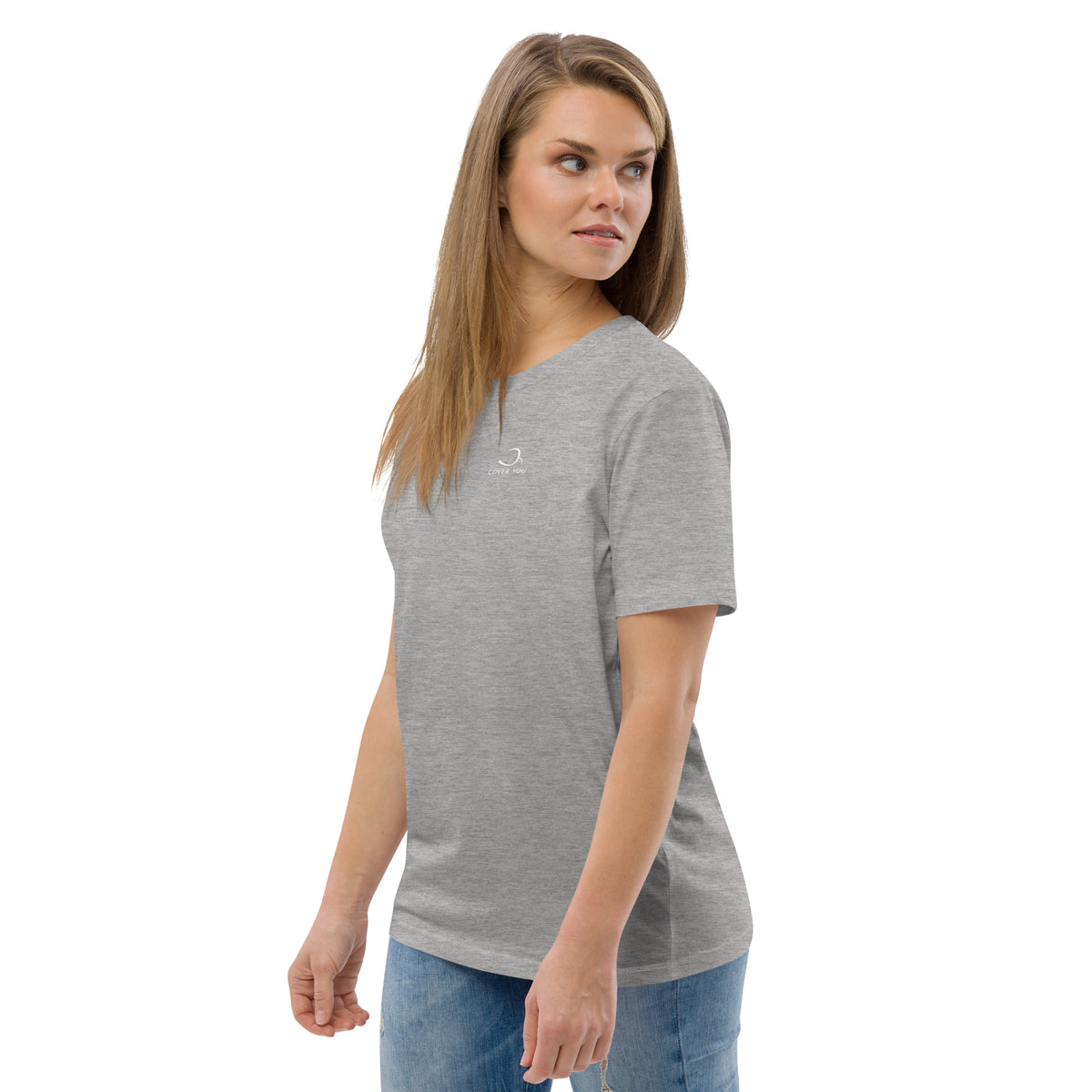 T-shirt unisexe Le Chapeau Panama orange en coton bio, coloris gris chiné, vu de trois quarts face