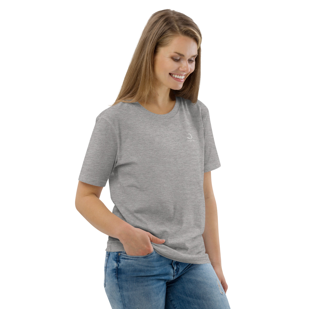 T-shirt unisexe Le Chapeau Panama orange en coton bio, coloris gris chiné, vu de trois quarts face