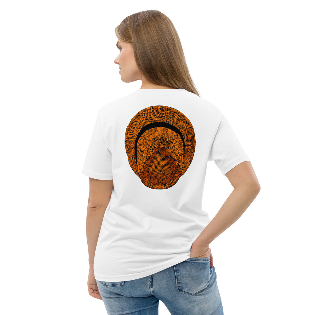 T-shirt unisexe Le Chapeau Panama orange en coton bio, coloris blanc, vu de dos