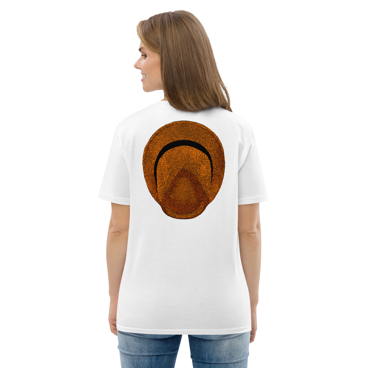 T-shirt unisexe Le Chapeau Panama orange en coton bio, coloris blanc, vu de dos