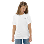 T-shirt unisexe Le Chapeau Panama orange en coton bio, coloris blanc, vu de face