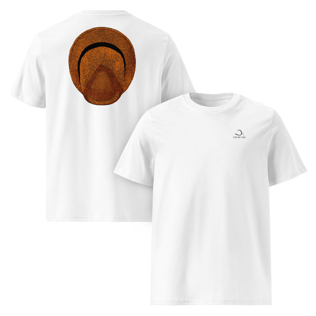 T-shirt unisexe Le Chapeau Panama orange en coton bio, coloris blanc, vu de face et de dos
