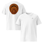 T-shirt unisexe Le Chapeau Panama orange en coton bio, coloris blanc, vu de face et de dos