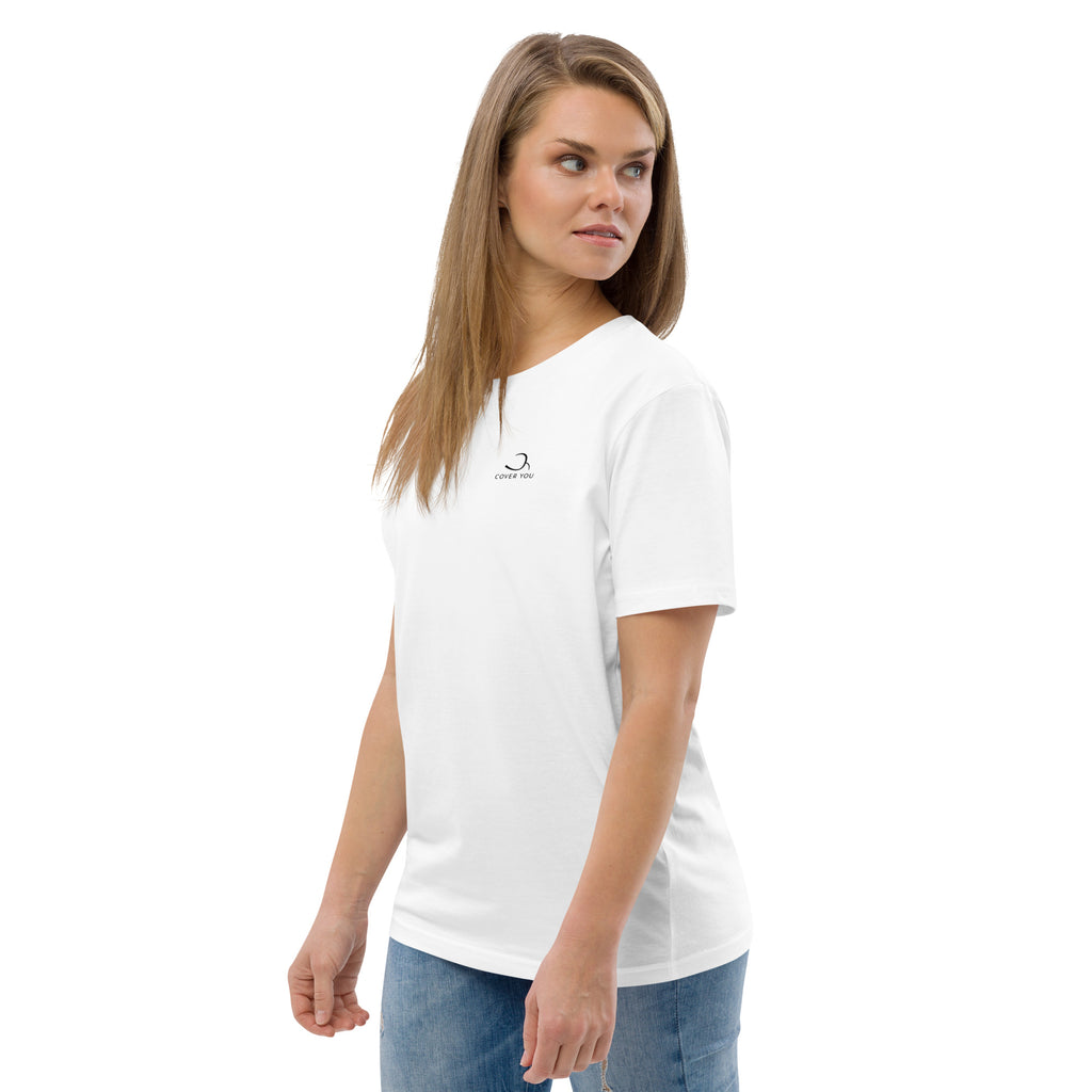 T-shirt unisexe Le Chapeau Panama orange en coton bio, coloris blanc, vu de trois quarts face