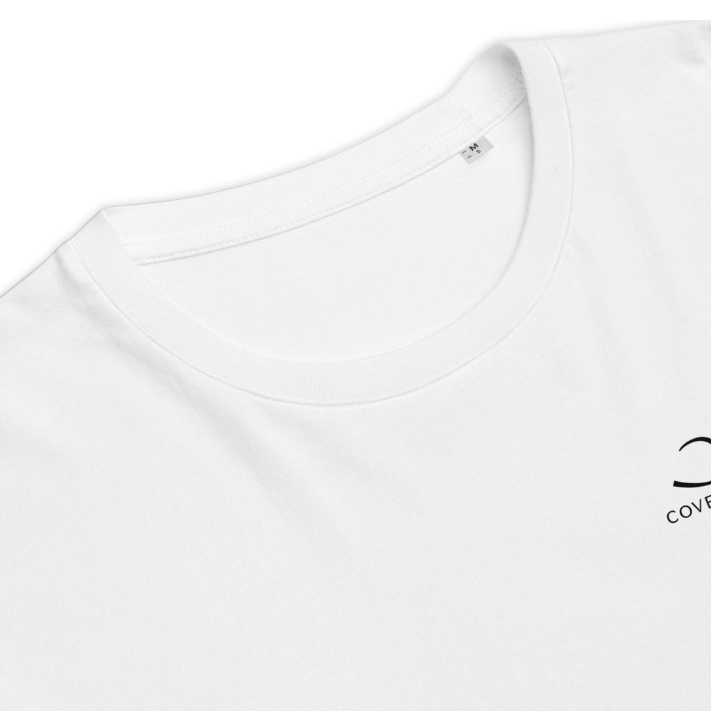 T-shirt unisexe Le Chapeau Panama orange en coton bio, coloris blanc, détail des finitions