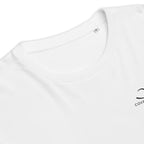 T-shirt unisexe Le Chapeau Panama orange en coton bio, coloris blanc, détail des finitions