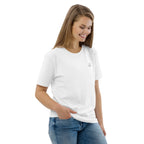 T-shirt unisexe Le Chapeau Panama orange en coton bio, coloris blanc, vu de trois quarts face