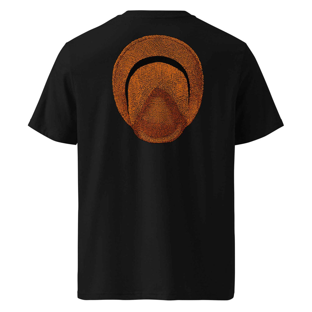 T-shirt unisexe Le Chapeau Panama orange en coton bio, coloris noir, vu de dos