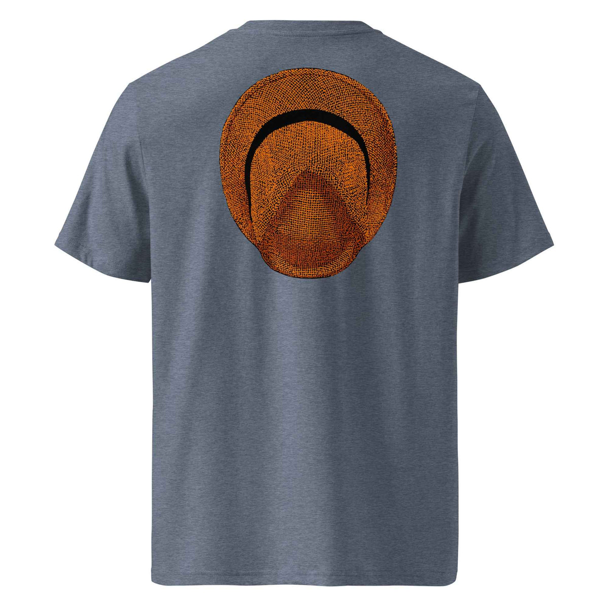 T-shirt unisexe Le Chapeau Panama orange en coton bio, coloris Dark Heather Blue, vu de dos