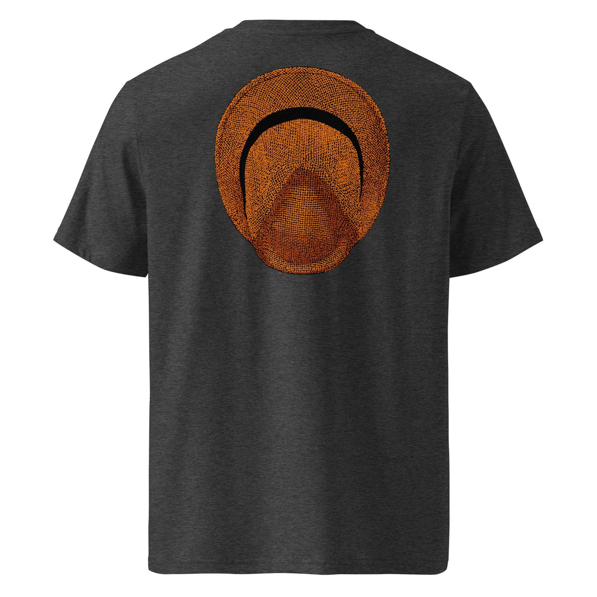 T-shirt unisexe Le Chapeau Panama orange en coton bio, coloris gris foncé chiné, vu de dos