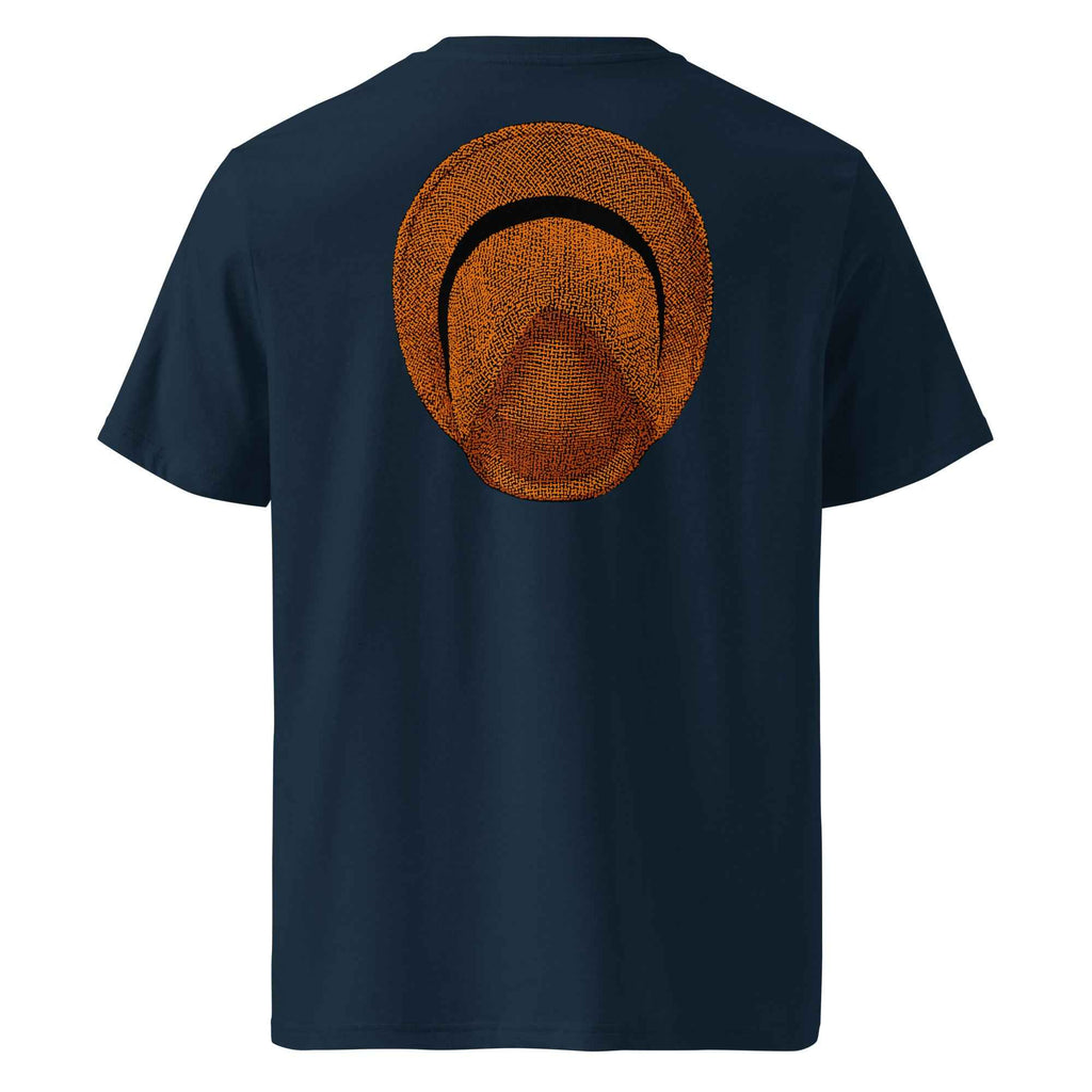 T-shirt unisexe Le Chapeau Panama orange en coton bio, coloris French Navy, vu de dos