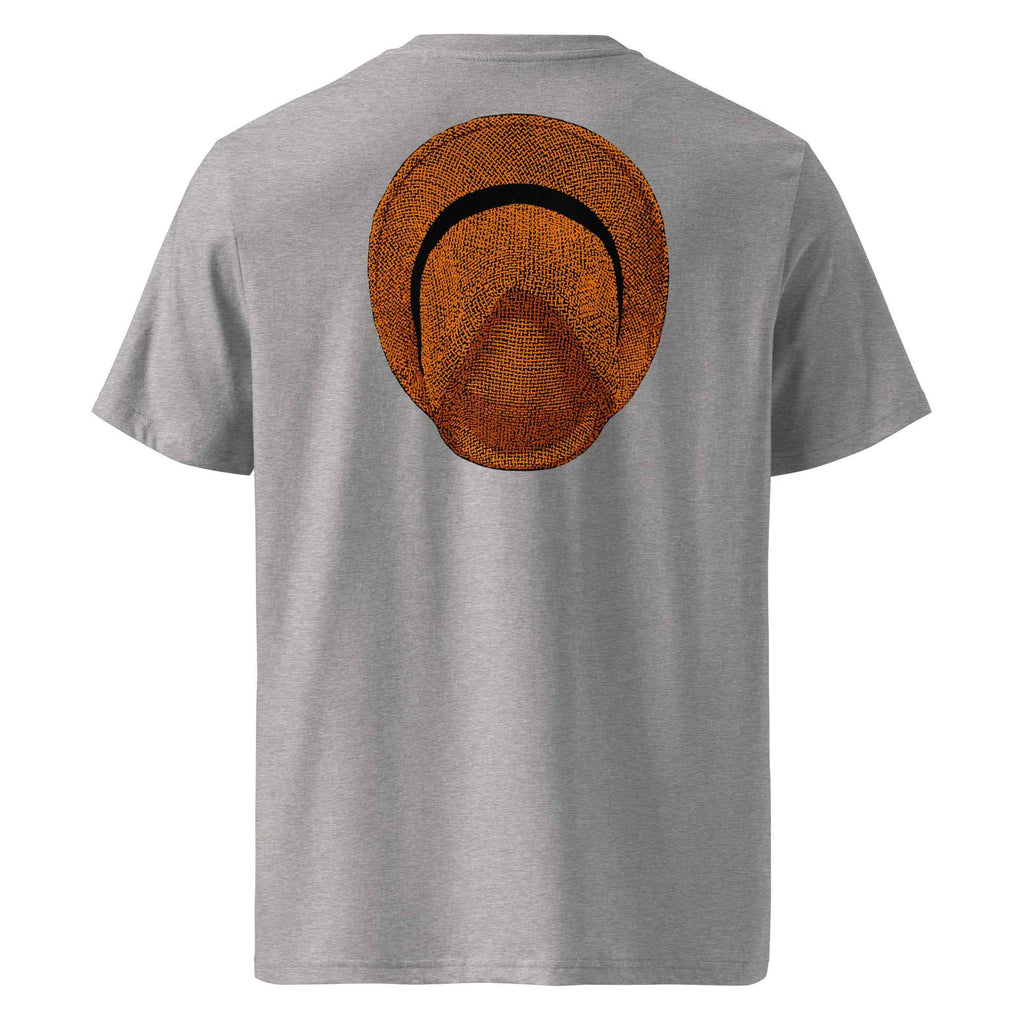 T-shirt unisexe Le Chapeau Panama orange en coton bio, coloris gris chiné, vu de dos