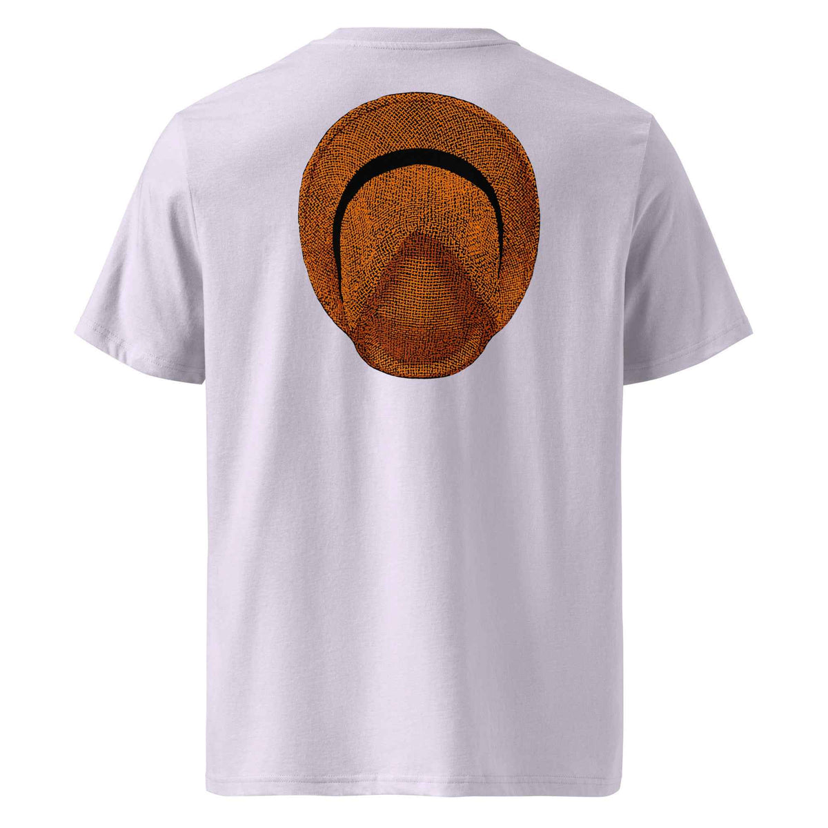T-shirt unisexe Le Chapeau Panama orange en coton bio, coloris lavande, vu de dos