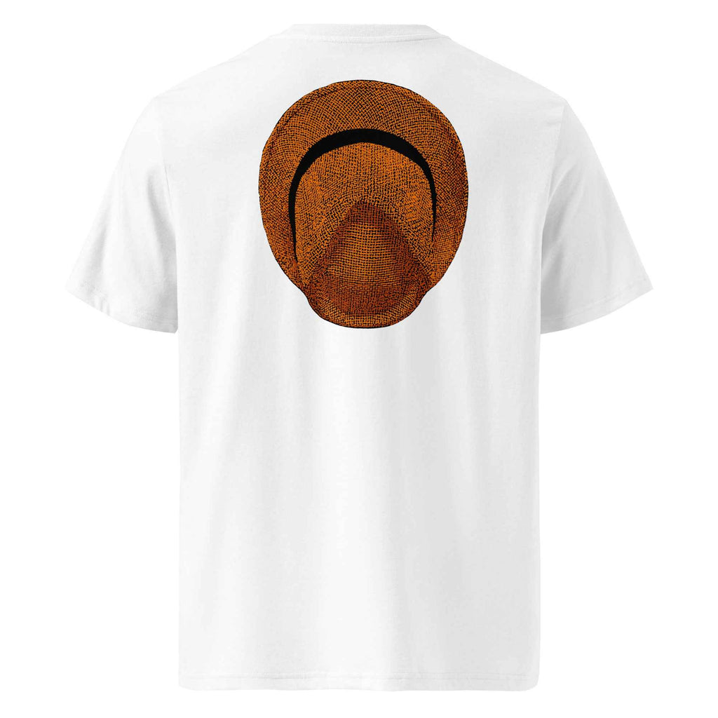 T-shirt unisexe Le Chapeau Panama orange en coton bio, coloris blanc, vu de dos