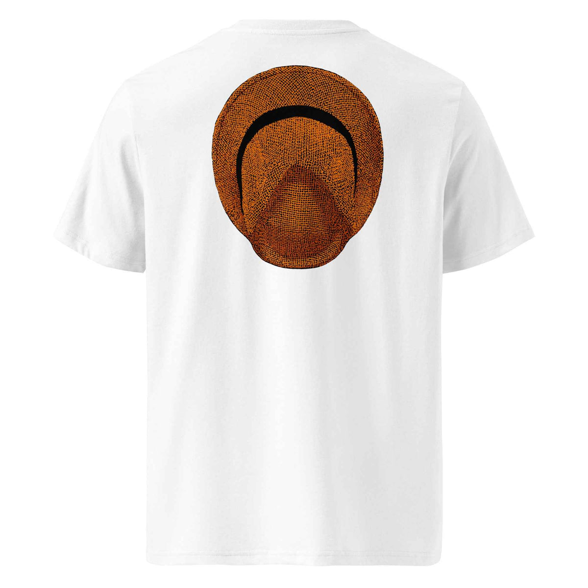 T-shirt unisexe Le Chapeau Panama orange en coton bio, coloris blanc, vu de dos